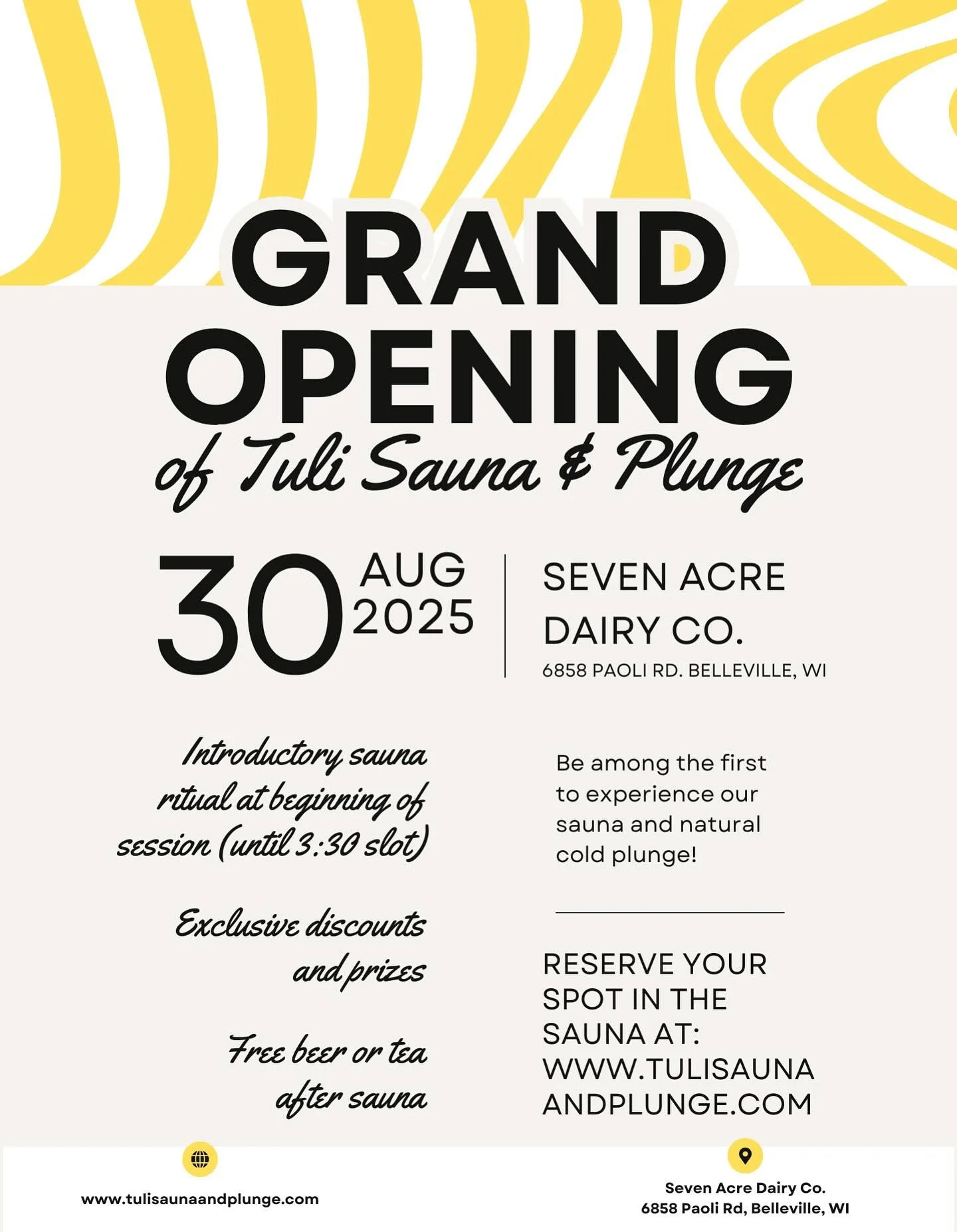 Join us August 30th for the Grand Opening of Tuli Sauna &amp; Plunge at our permanent location - Seven Acre Dairy Co.!

🔥Introductory sauna rituals (until 3:30 slot)
🔥Free beer or tea after sauna session
🔥Exclusive discounts and prizes!

Reserve y