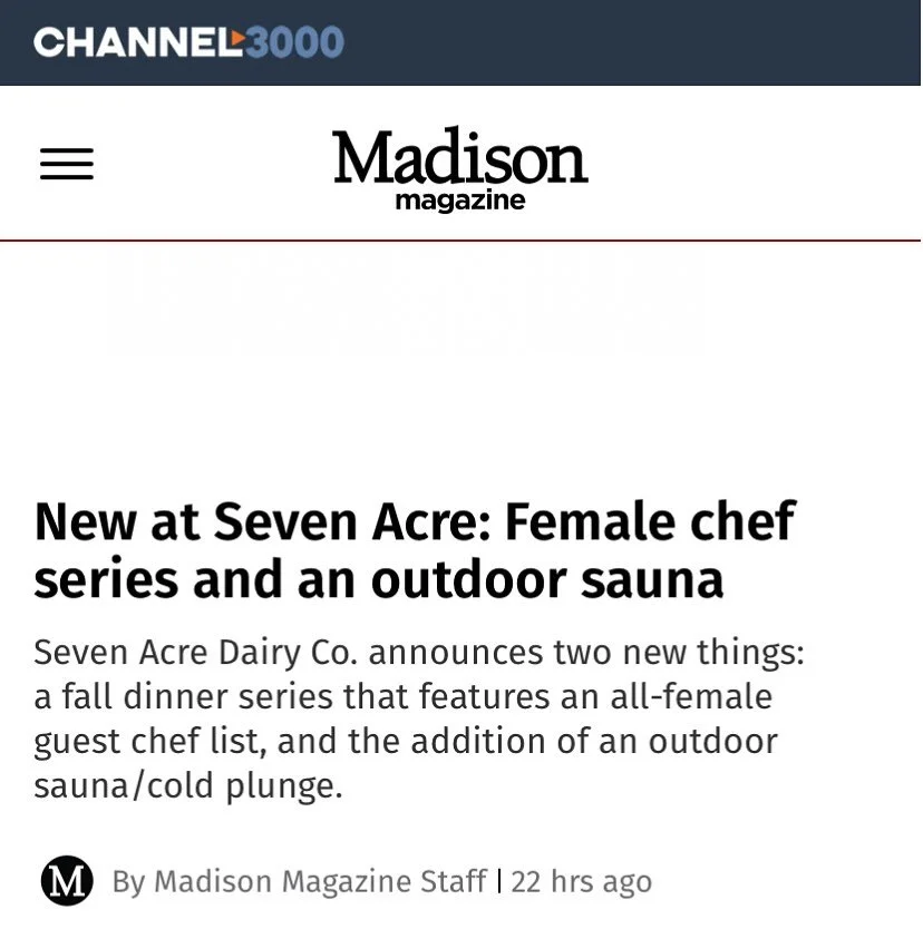 ✨ Honored to be featured in Madison Magazine alongside some amazing female chefs coming to Seven Acre! ✨

Tuli Sauna &amp; Plunge is officially making its home at Seven Acre Dairy Co. on the banks of the Sugar River.

Our wood-fired Finnish-style sau