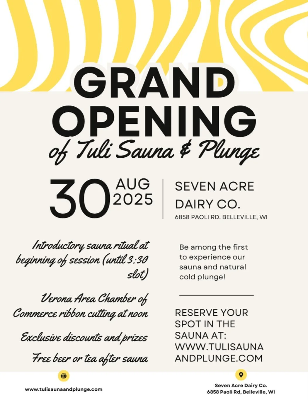 We&rsquo;re excited to announce a ribbon cutting ceremony will take place at our Grand Opening day at 12pm by the Verona Area Chamber of Commerce! ✂️

Come join the fun and book your sauna session on August 30th! 🔥