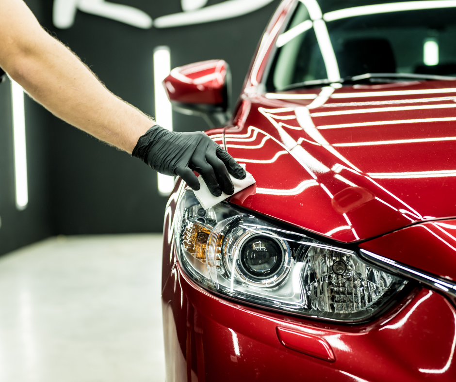 A person wearing black gloves polishing the hood of a red car with a cloth, in a well-lit garage or workshop.
