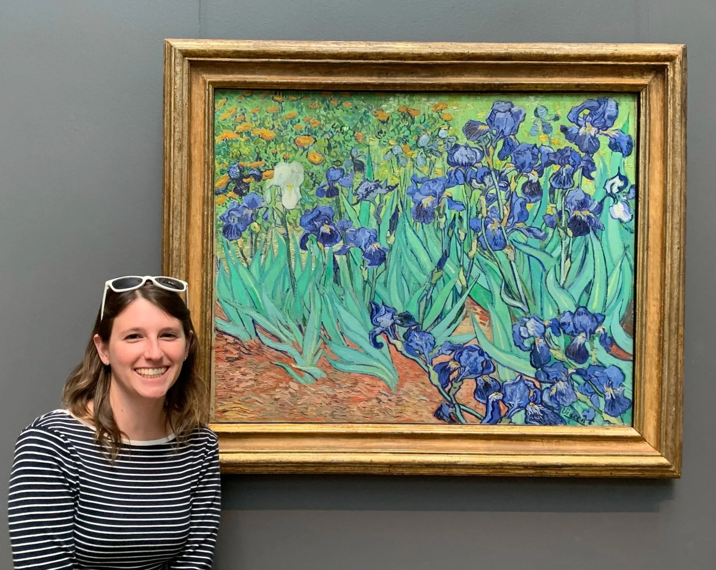 Artist viewing Van Gogh's Irises in The Los Angeles Getty Museum