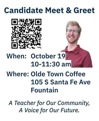 Come meet City Council Candidate Eric Gregg this Sunday at Olde Town Coffee! See the flyer below for more information.
After the meet and greet, we will also be staging for some canvassing at Olde Town before we spread out across Fountain.
#fountain