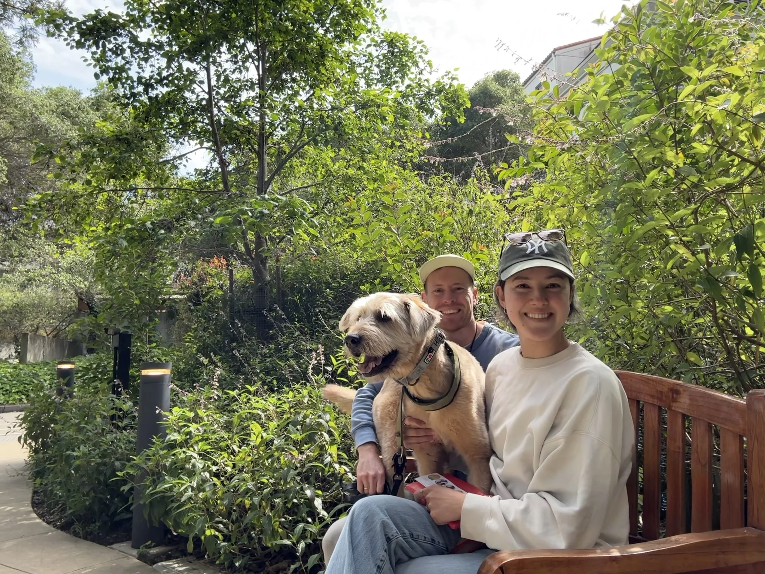 A dog, man, and woman sitting on a park bench