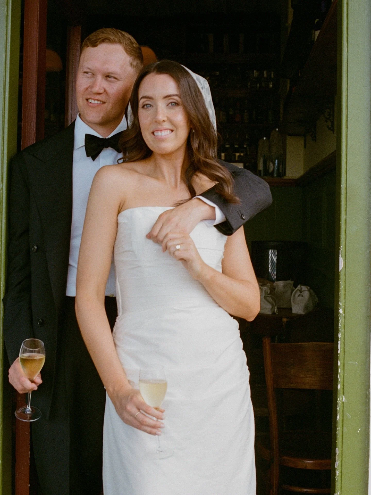 On film with Thea &amp; Jason. They started their day with a first look at wine bar @bonpinard followed by champagne &amp; oysters with their bridal party. Taking a moment to hang out with their people on a day that can sometimes feel like a blur x 
