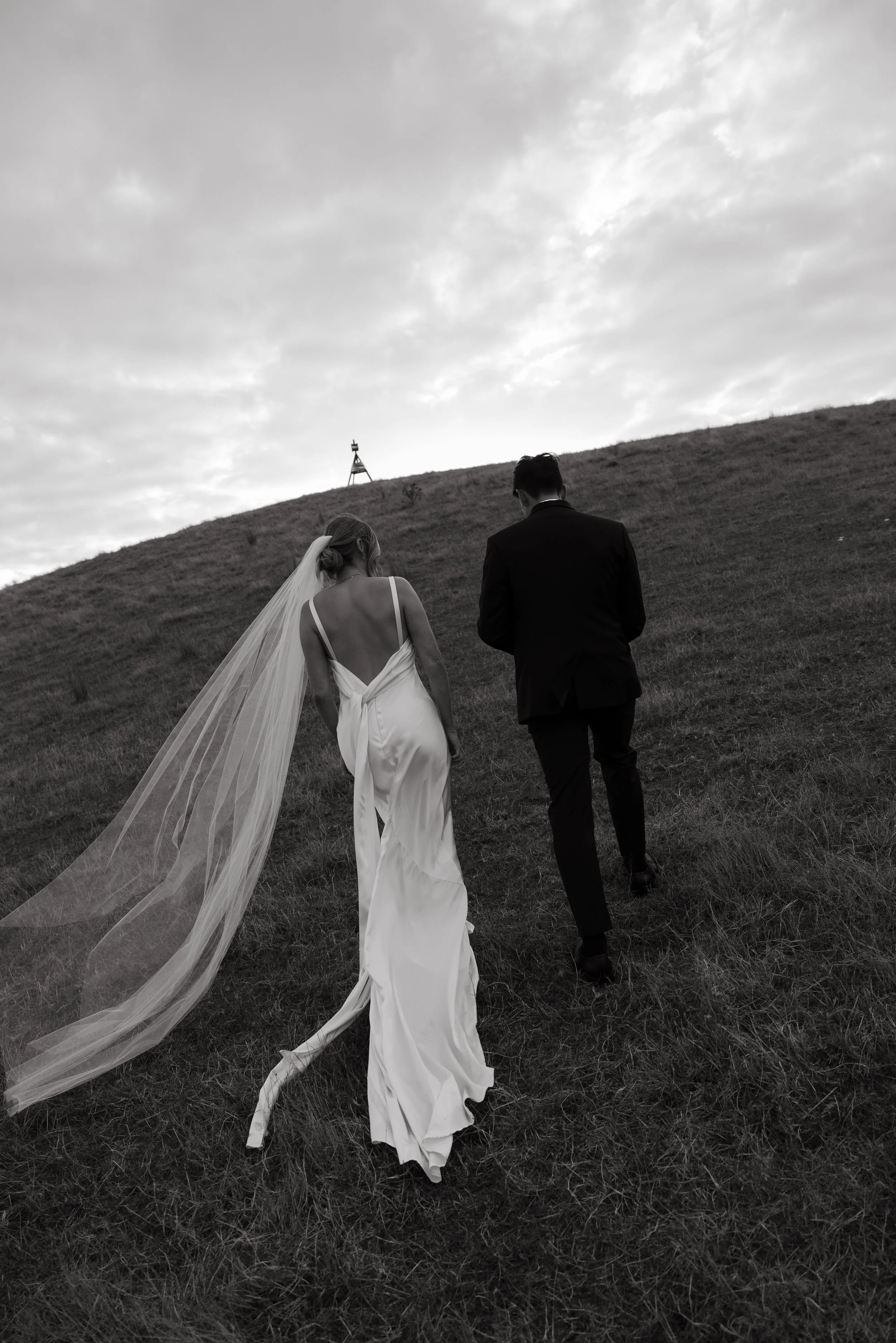 A bride and groom walking up a grassy hill with cloudy sky overhead, the bride wearing a long white dress with a veil and the groom in a dark suit.