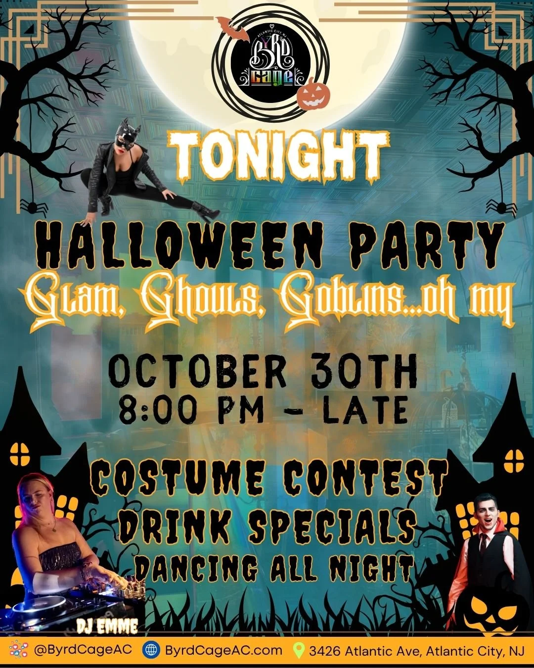 This Mischief Night, prepare for a night where couture creatures come out to slay in style. Costume Contest alert—bring your most dramatic look!
Join us TONIGHT at 8 PM for a frightfully fabulous pre-Halloween celebration at ByrdCage AC &mdash