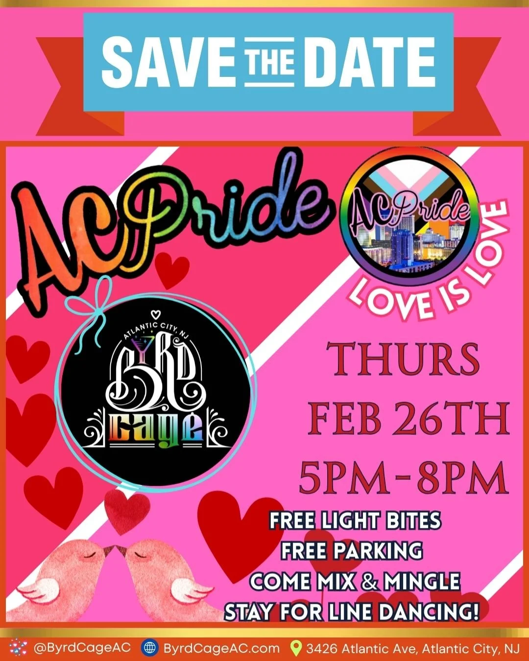 SAVE THE DATE - AC Pride + ByrdCage = the perfect mix. ❤️🏳️&zwj;🌈

Join us Thursday, February 26th from 5PM&ndash;8PM for an AC Pride Love Is Love Mixer at ByrdCage! Come mix &amp; mingle with community, enjoy FREE light bites, FREE parking, and st
