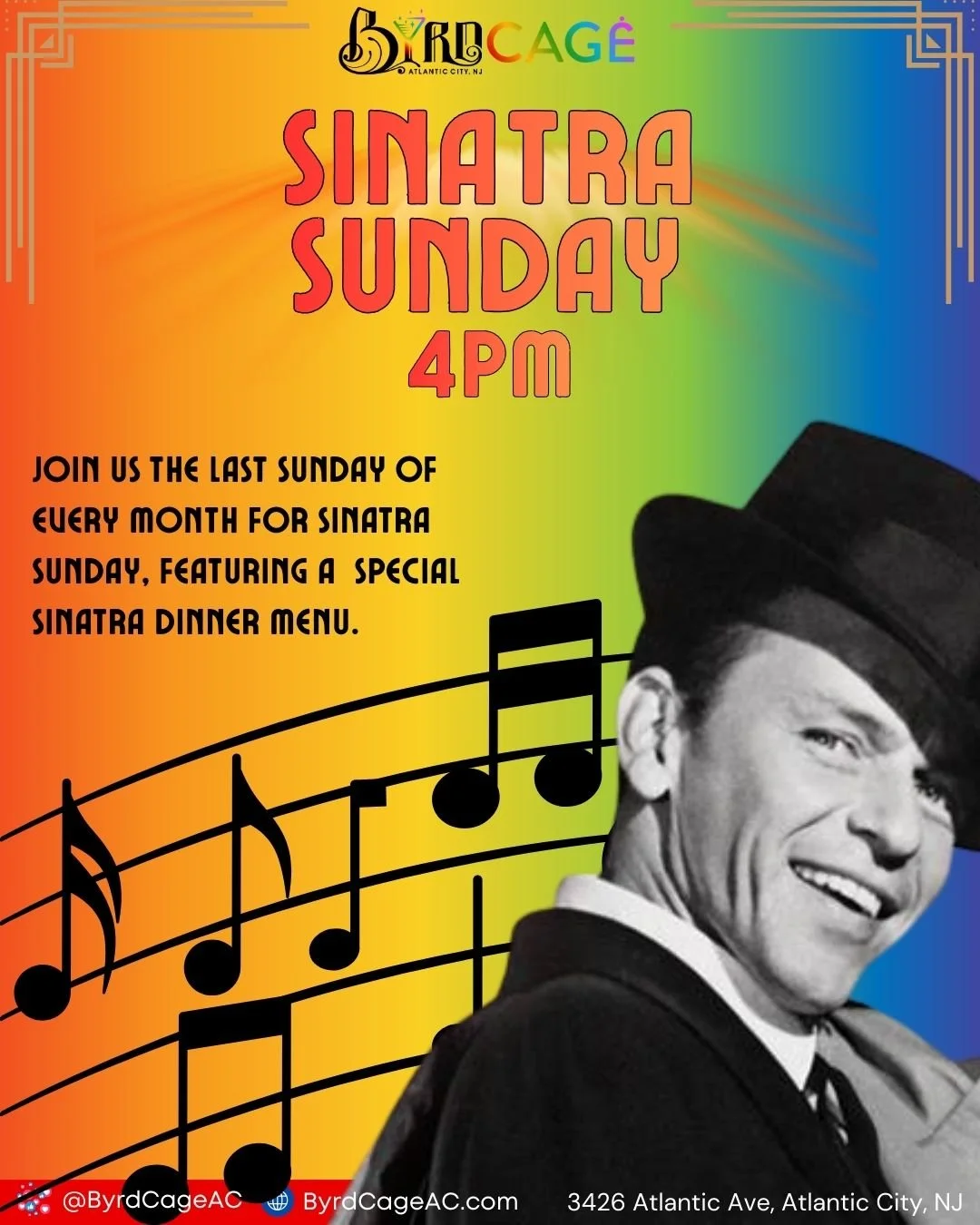 🎶 Sinatra Sunday at Byrdcage AC &mdash; The Last Sunday of Every Month at 4PM

Close out your month the classic way.

Join us on the last Sunday of every month at 4PM for an evening of timeless Sinatra favorites, signature cocktails, and our exclusi