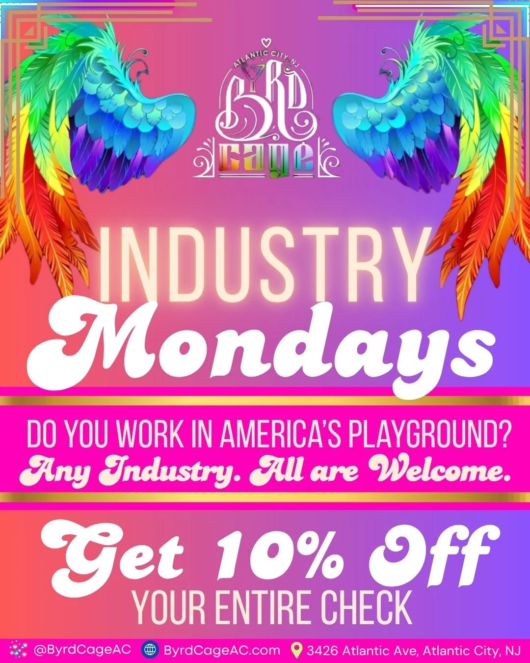 TONIGHT!! Industry Mondays &mdash; tipping our hat to everyone who keeps America&rsquo;s Favorite Playground humming! Show your badge, uniform, paystub or schedule and get 10% off your entire check.

Hospitality, casinos, restaurants, entertainment, 