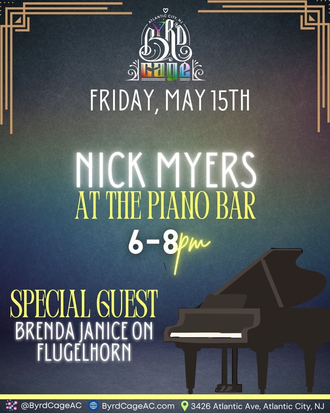 🎹 Friday night at Byrdcage is serving double the entertainment&hellip;

Start your evening downstairs with Nick Myers at the piano bar from 6&ndash;8PM, featuring special guest Brenda Janice on the flugelhorn 🎶✨ Expect smooth sounds, singalongs, co