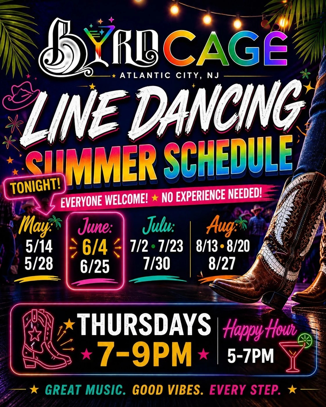 🤠👢 Tonight, we dance!

Grab your boots and head upstairs to La Cage as the Sidestory Steppers bring another night of line dancing fun to Byrdcage from 7&ndash;9PM.

Whether you're a seasoned pro or have two left feet, everyone is welcome on the dan