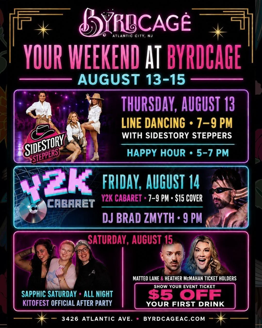 Your Weekend at Byrdcage: August 13&ndash;15

THURSDAY AUGUST 13th Line Dancing with SideStory Steppers

Kick up your heels from 7&ndash;9 PM as the SideStory Steppers teach the latest line dances! Everyone is welcome, and no experience is needed. Co