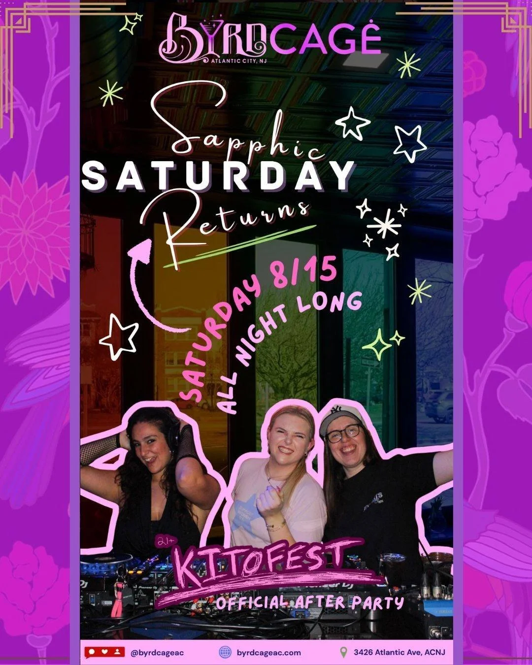 Sapphic Saturday returns August 15 for the official KITOFEST After Party! 💖🔥 Keep the celebration going all night long with great music, drinks and plenty of dancing with the #ByrdGang! 🏳️&zwj;🌈🎶

📍 3426 Atlantic Ave., Atlantic City
🌐 Byrdcage