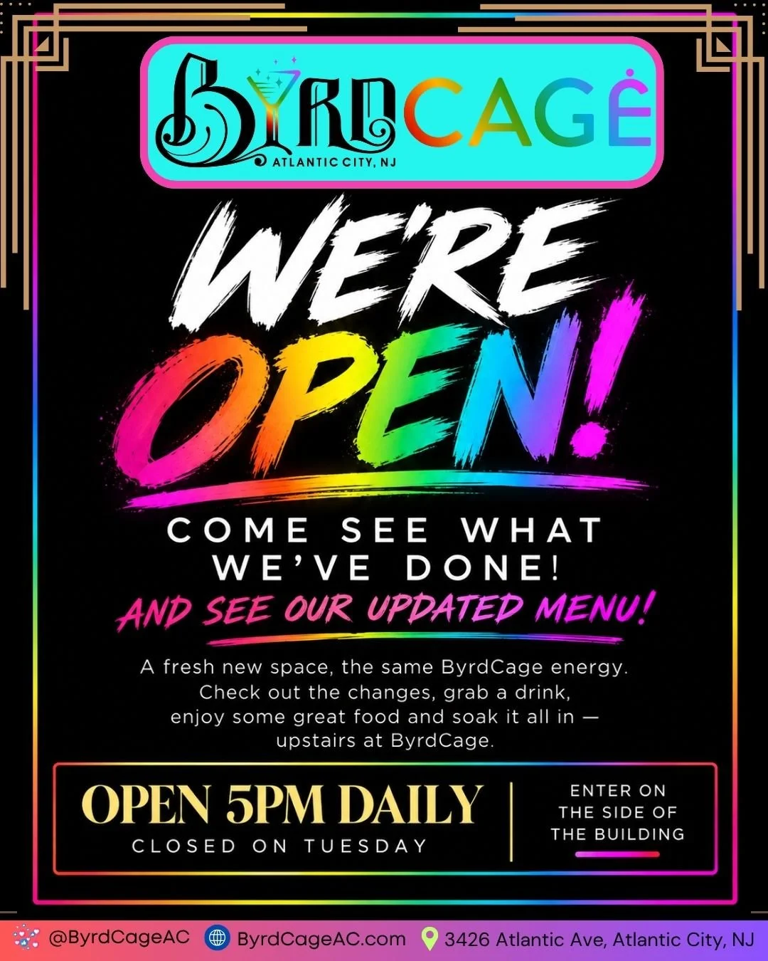 🌈 BYRDCAGE IS OPEN &mdash; come see what we&rsquo;ve done! 

We&rsquo;ve made some changes, freshened things up, and we&rsquo;re ready for you to experience the new space! Come upstairs, grab a cocktail, order your ByrdCage favorites and settle in f