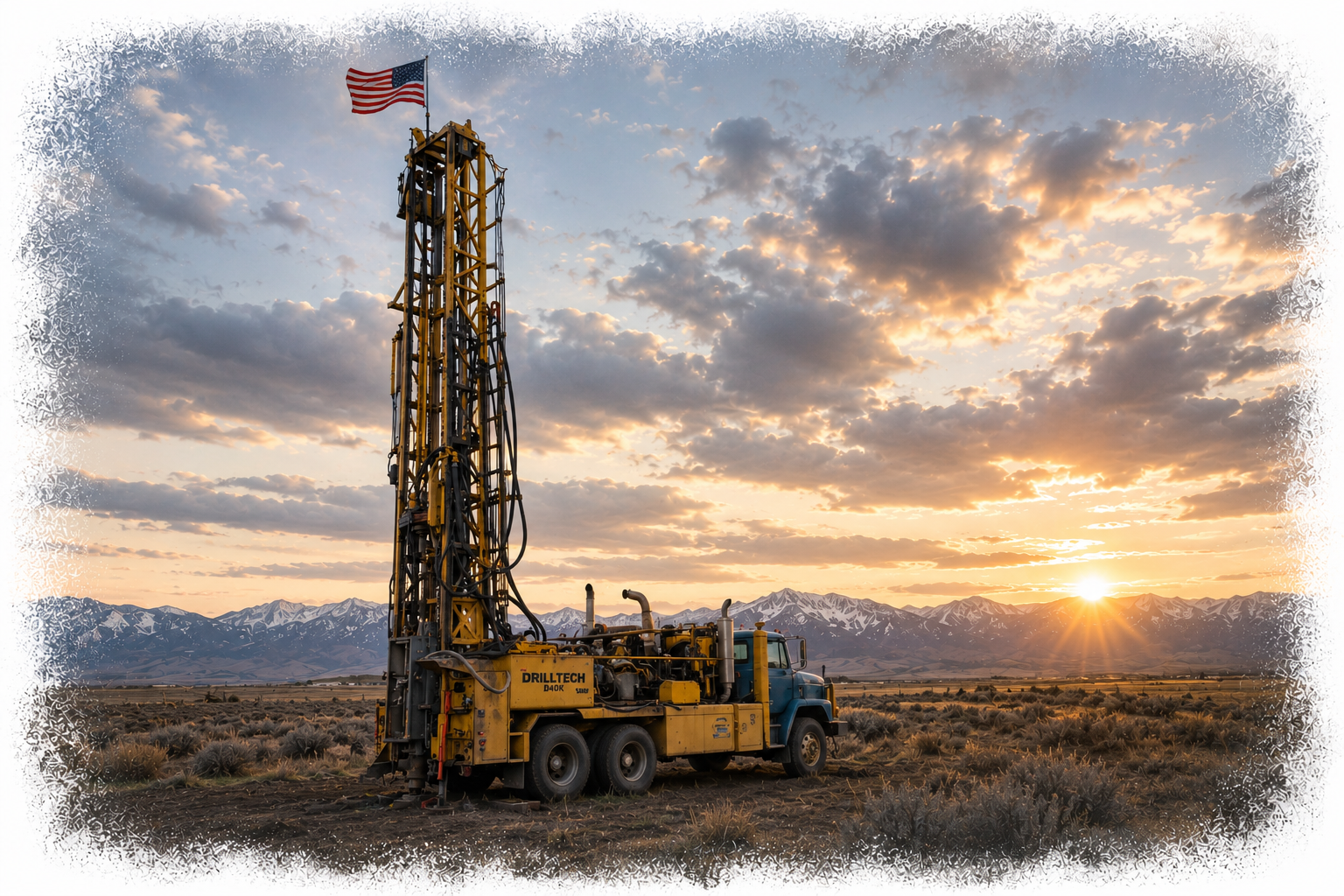 A drilling truck parked in a desert landscape during sunset with mountains in the background and an American flag on top of the drilling structure.