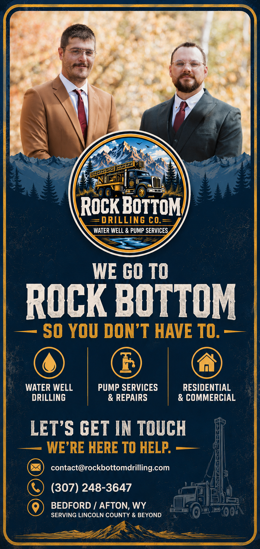A promotional poster for Rock Bottom Drilling Co., featuring two men in business suits with a fall background, a logo with a truck and mountains, and contact information for water well and pump services.