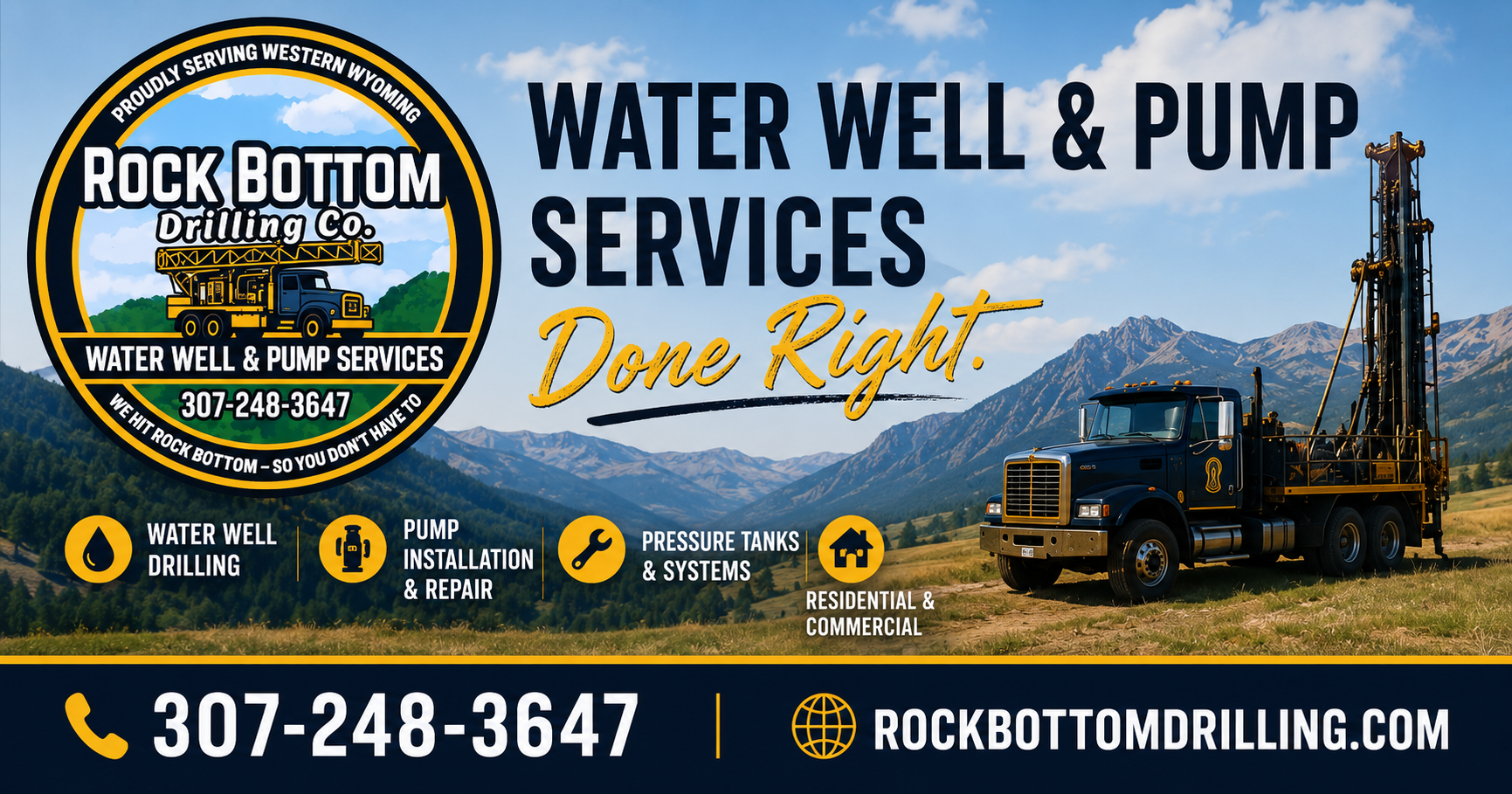 Advertisement for Rock Bottom Drilling Co. promoting water well and pump services, with a logo, contact phone number, and a drilling truck in a mountainous landscape. Text highlights services including water well drilling, pump installation and repai