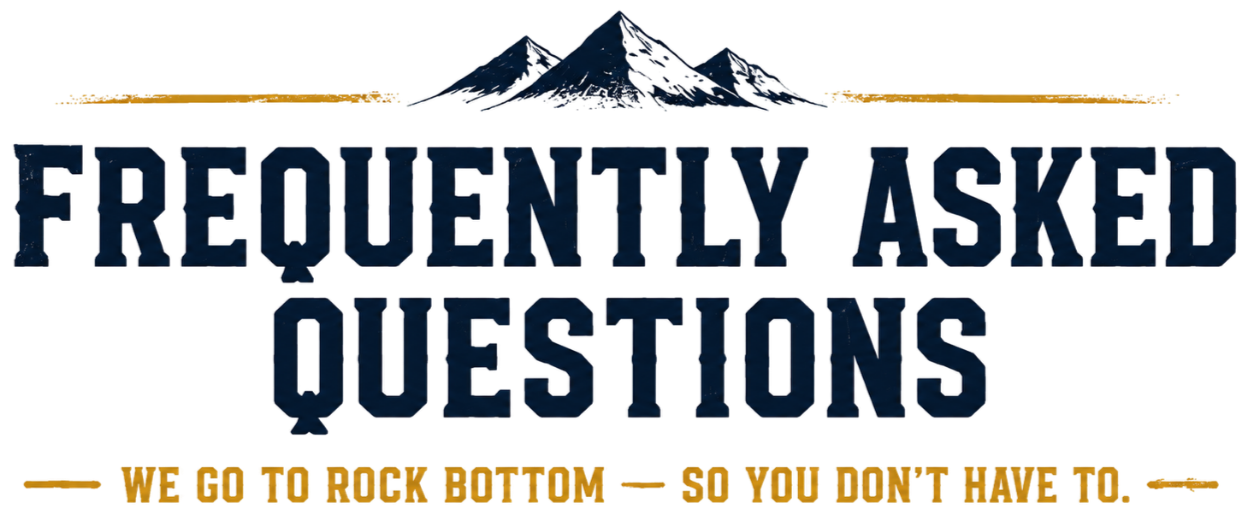 Logo for 'Frequently Asked Questions' with a mountain illustration and a slogan that says 'We go to rock bottom so you don't have to'.