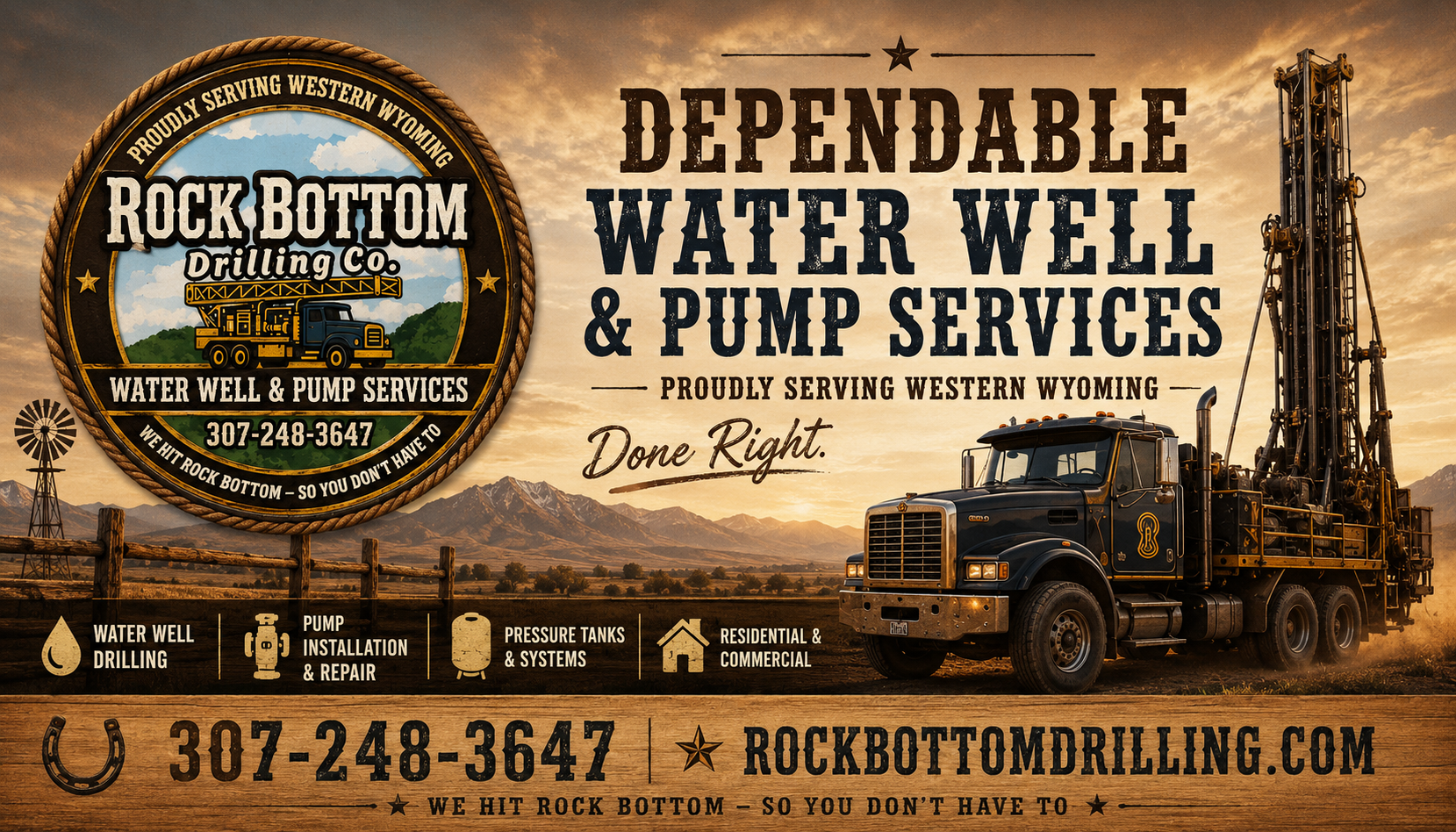 A sign and logo for Rock Bottom Drilling Co., a water well and pump services company in Wyoming. The logo features a yellow drilling truck with a mountain and cloud background. The sign highlights services like water well drilling, pump installation 