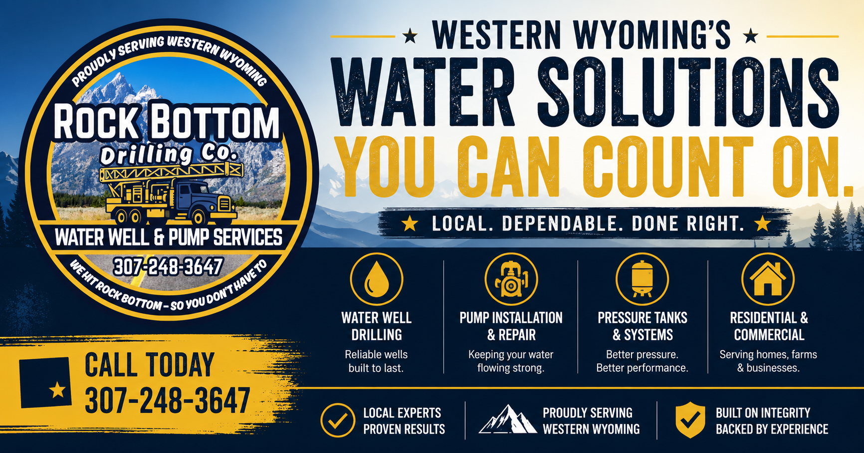 A business advertisement for Rock Bottom Drilling Co. in Western Wyoming. It offers water well drilling, pump installation and repair, pressure tanks and systems, and residential and commercial water services. The ad features a circular logo with a m