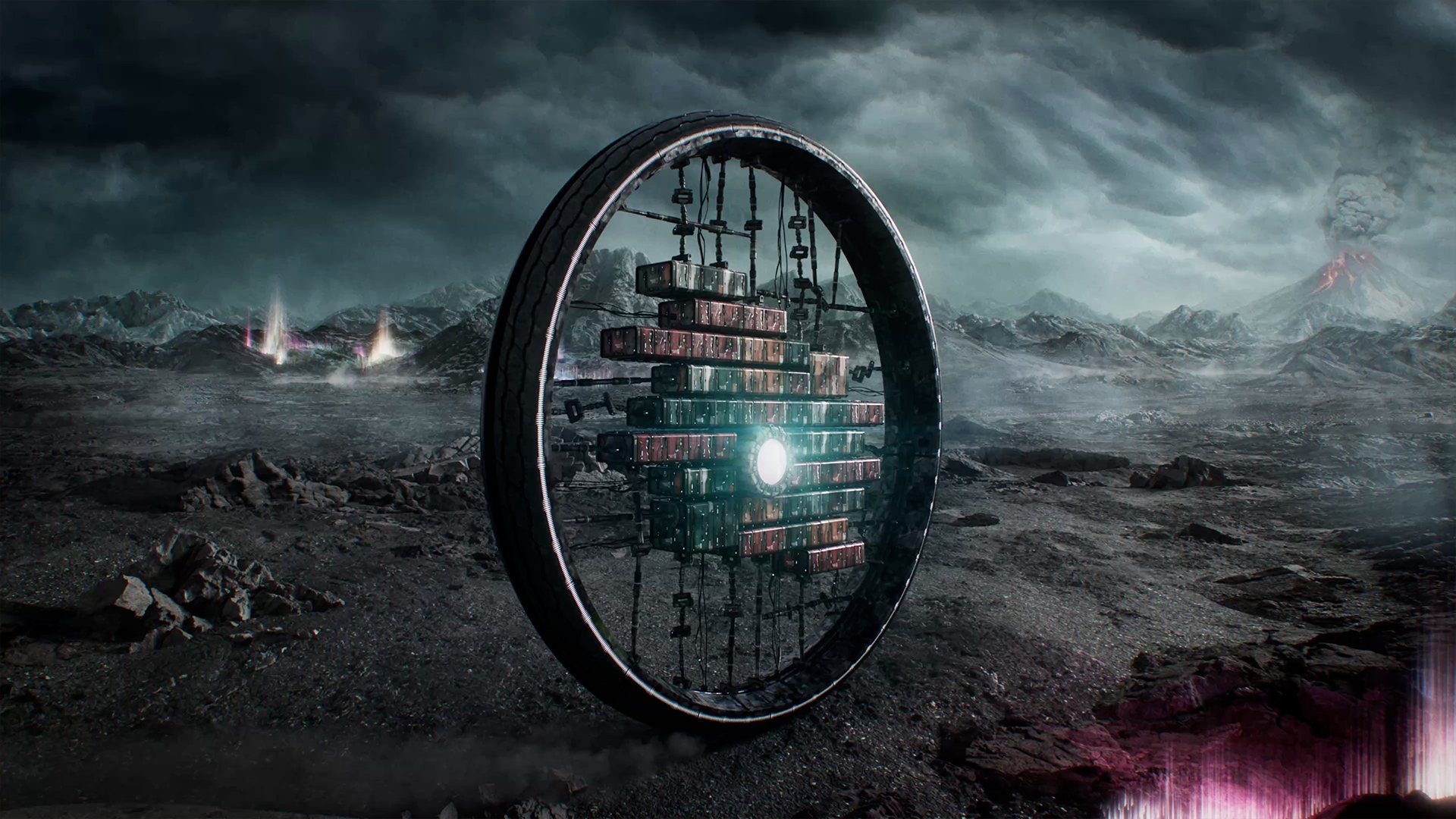 A surreal landscape with rocky terrain and mountains under a dark sky, featuring a large magnetic ring floating in the air with a structure of stacked colorful containers and a glowing center, resembling a futuristic or alien scene.