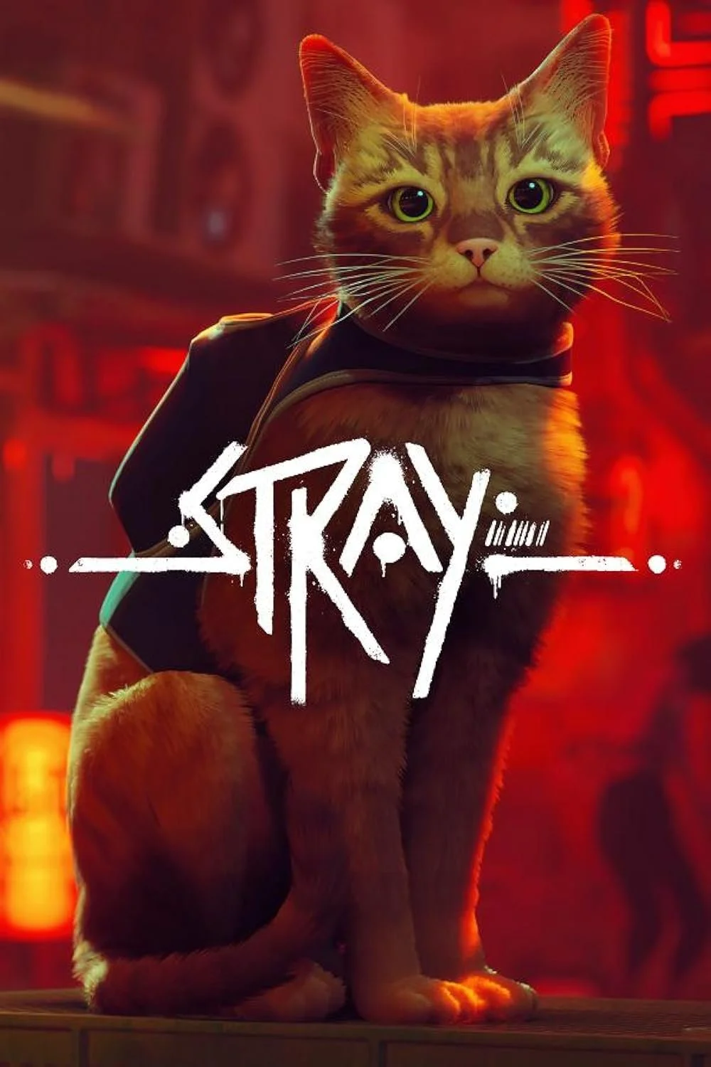 A science fiction-style image of a cat with human-like eyes, wearing a jacket, with neon red lighting in the background, and the word 'STAY' written across the front.