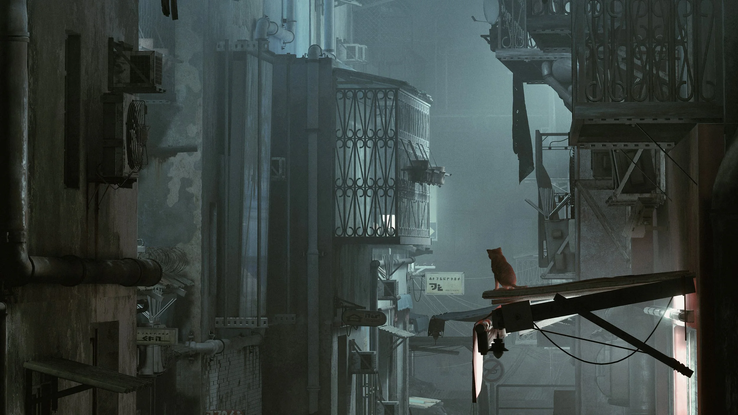 A narrow alleyway in a cyberpunk cityscape, featuring buildings with metal balconies, pipes, and various outdoor air conditioning units, under a hazy, blue-gray sky.