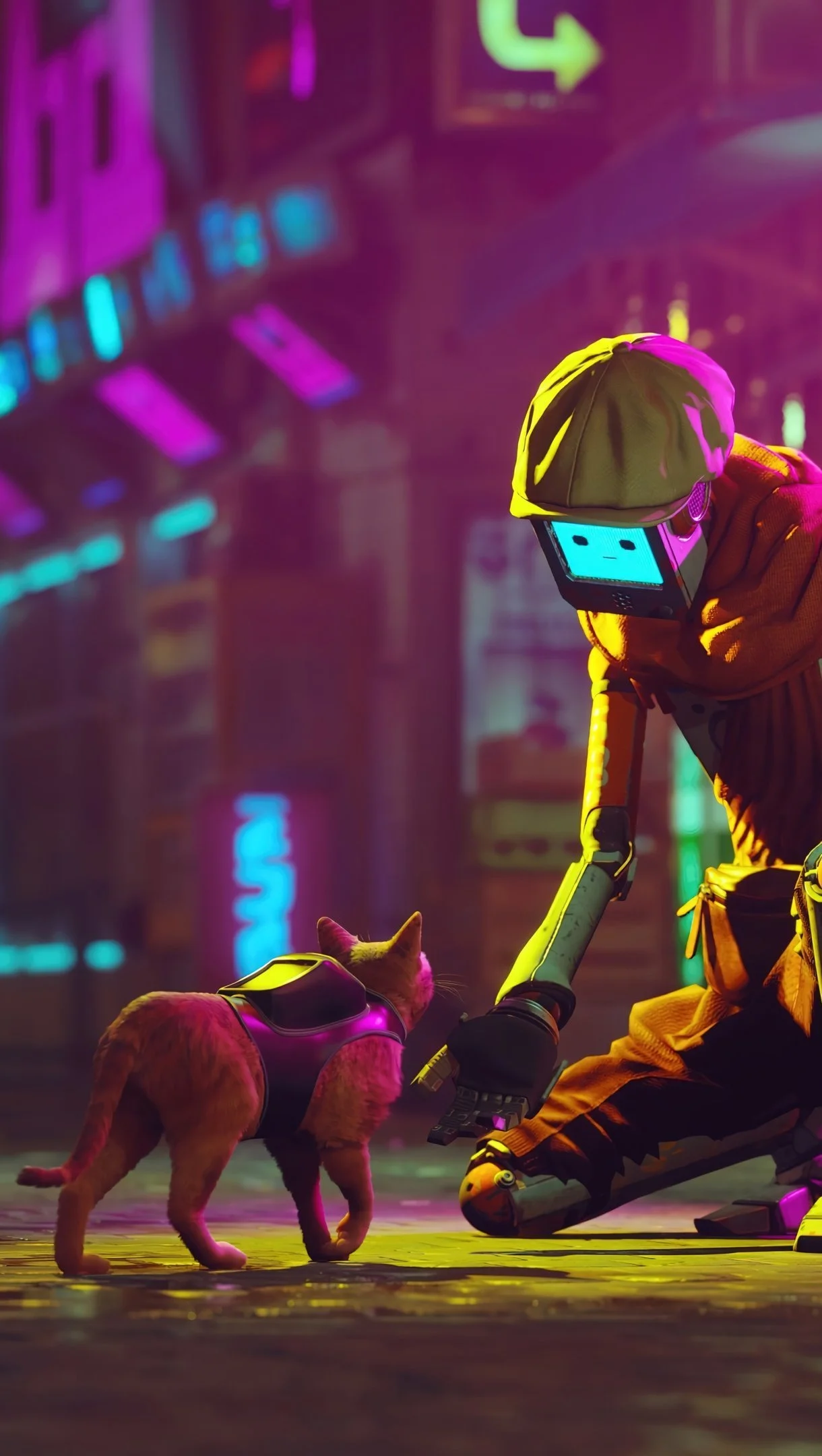 A humanoid robot with a computer screen for a face, crouching in front of a cat wearing a futuristic vest, in a neon-lit city street at night.