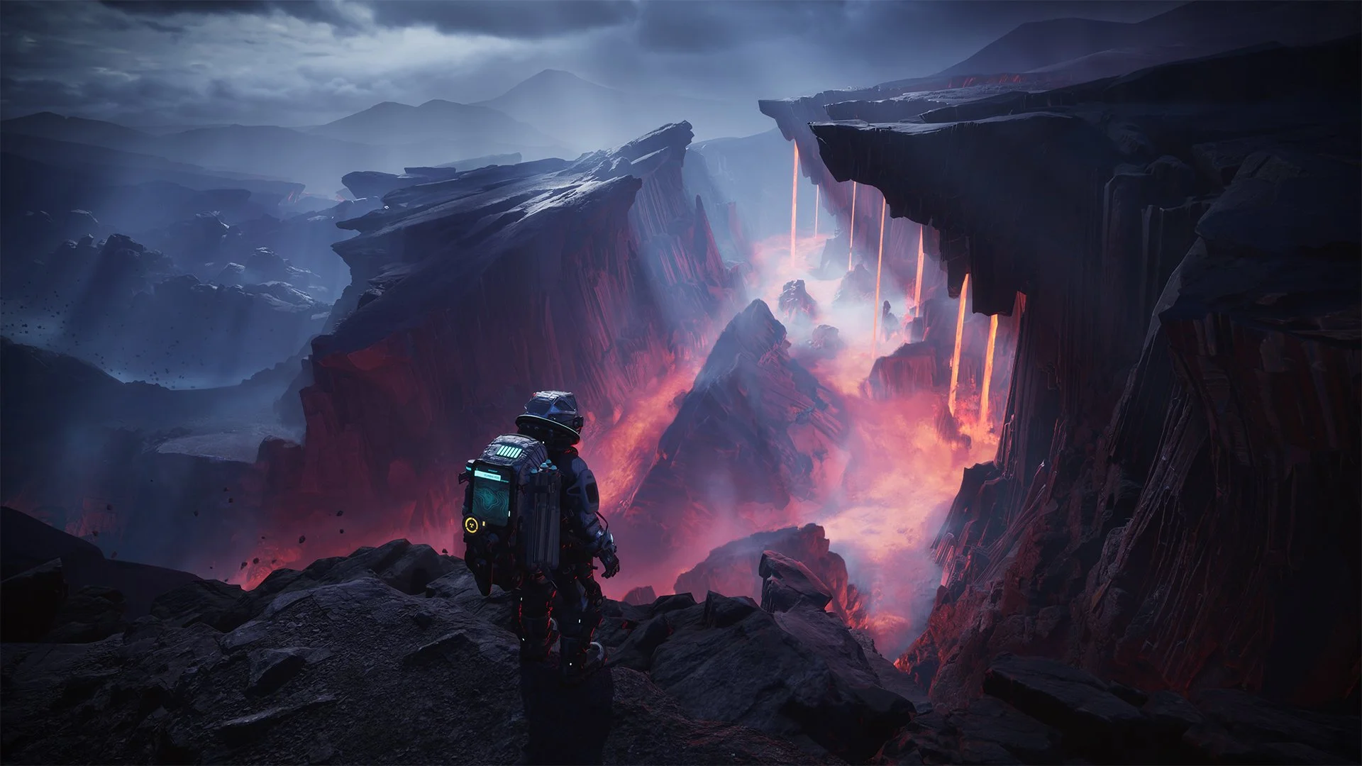 An astronaut standing on rocky terrain, overlooking a volcanic landscape with flowing lava and erupting fissures under a cloudy sky.