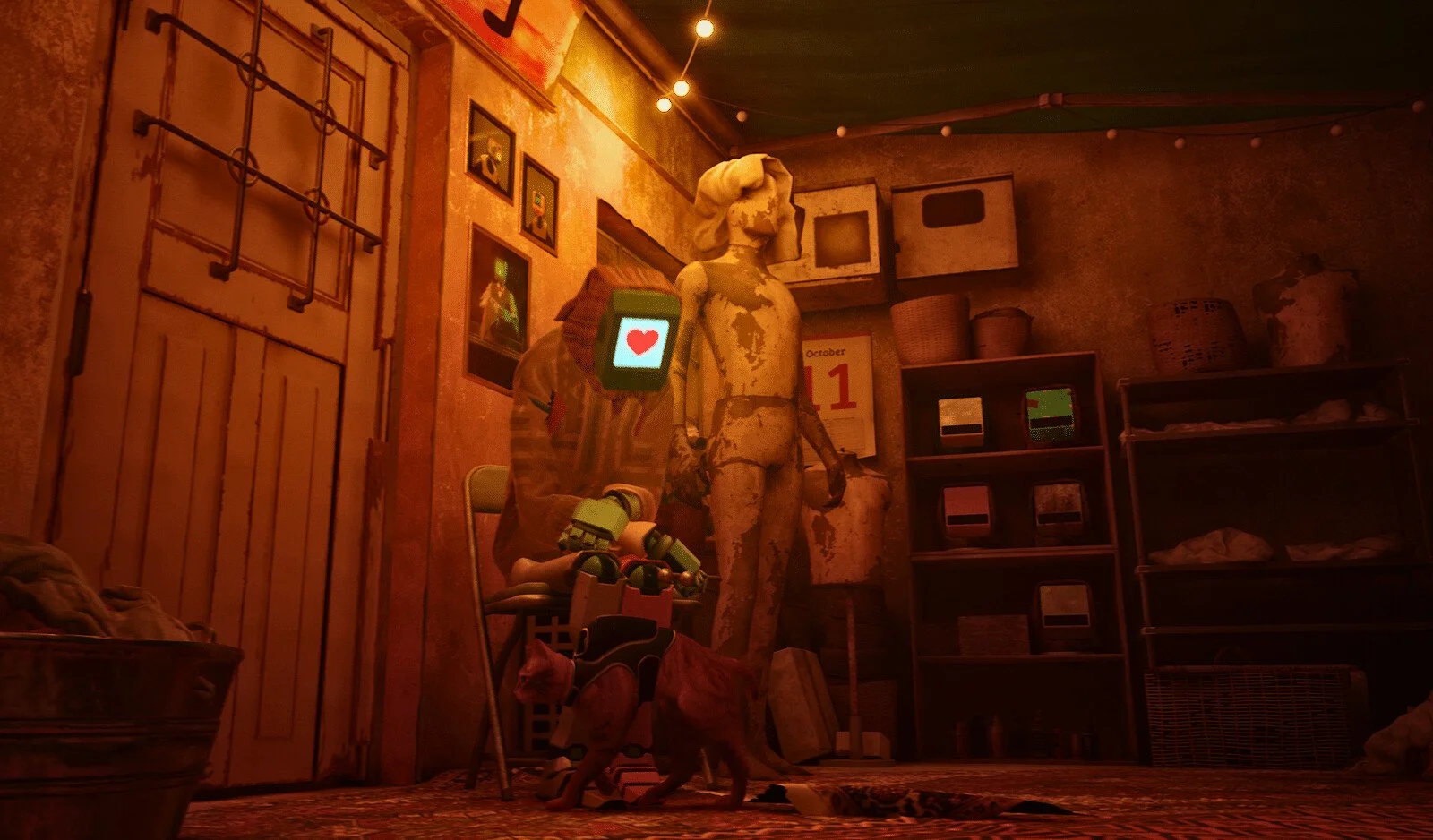 A cluttered room with worn walls, shelves filled with boxes and baskets, a calendar showing October 1, a mannequin, a person with a robot arm, and a cat near a bicycle.