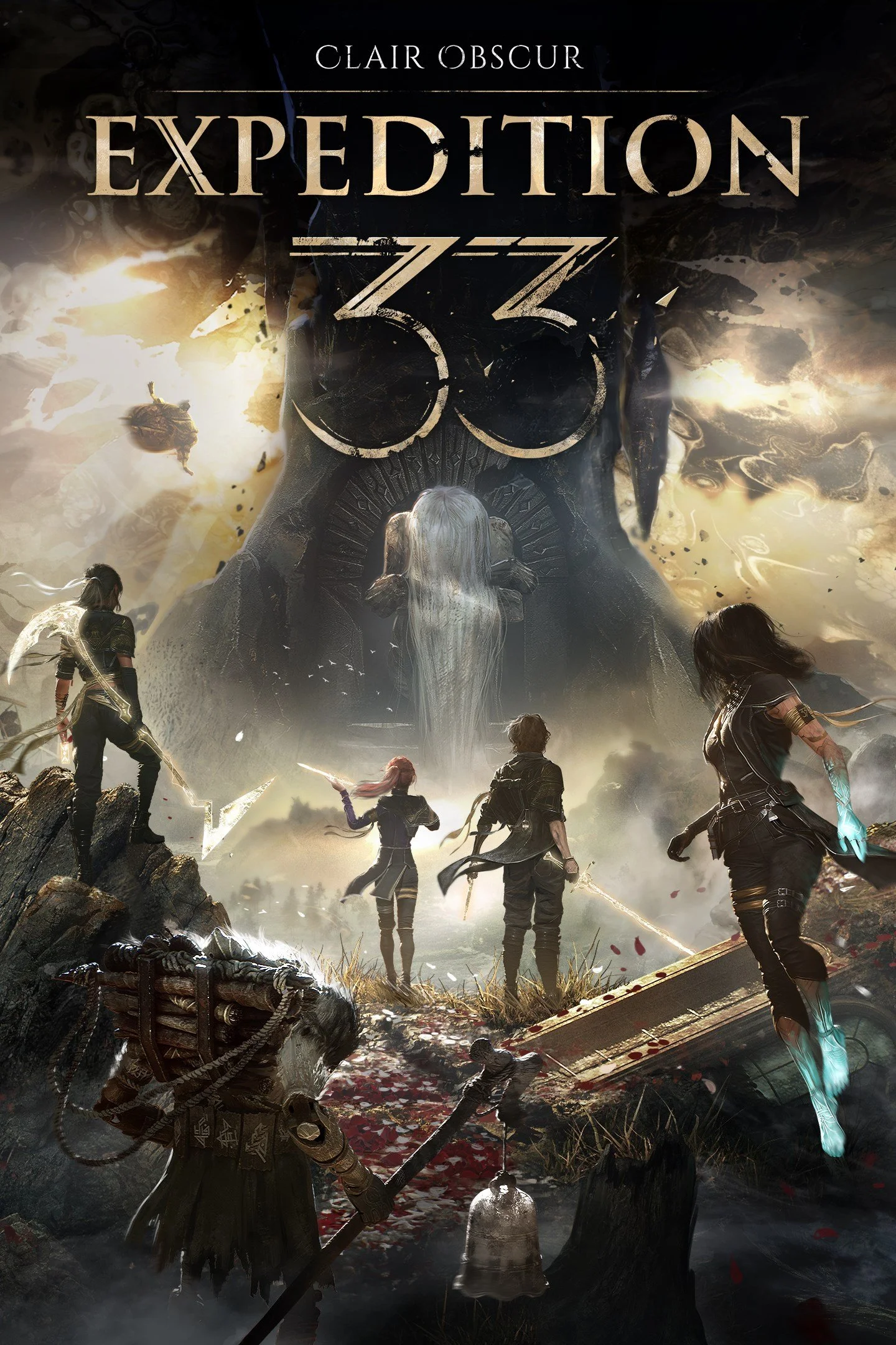 Video game cover art titled 'Expedition 33' with four female characters facing a colossal stone face with a waterfall in its mouth in a surreal landscape.