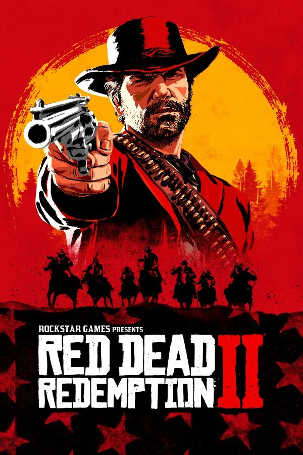 Illustration of a rugged man in a black hat pointing a gun, with a background of a sunset and silhouette of cowboys riding horses; the poster is for the video game 'Red Dead Redemption II'.