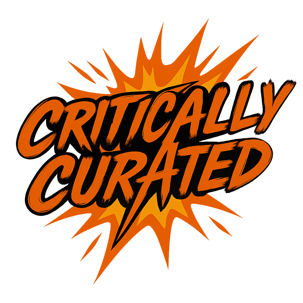Bold orange and black text that reads "Crucially Curated" with an explosive graphic background in shades of orange and yellow.