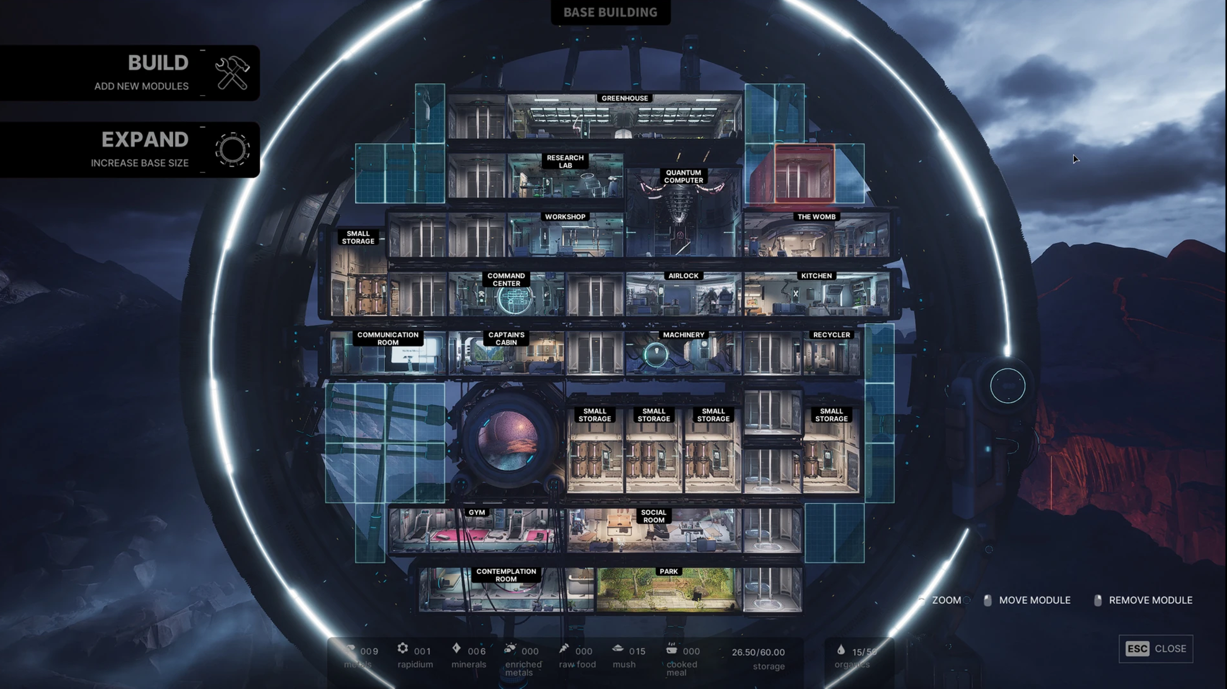 Interior layout of a futuristic space station with labeled sections including greenhouse, research lab, command center, kitchens, storage areas, gym, social room, park, and various technical modules, displayed in cross-section against a dark, mountainous background.