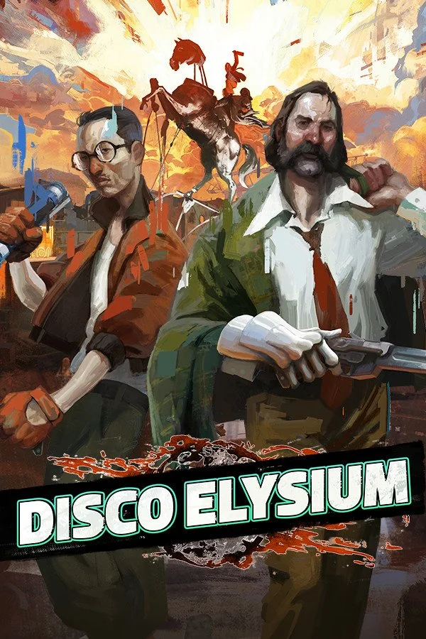 A digital painting of two men in a post-apocalyptic setting with a sunset sky, one holding a wrench and the other a gun, with a large robotic horse in the background and the words 'Disco Elysium' in bold text at the bottom.