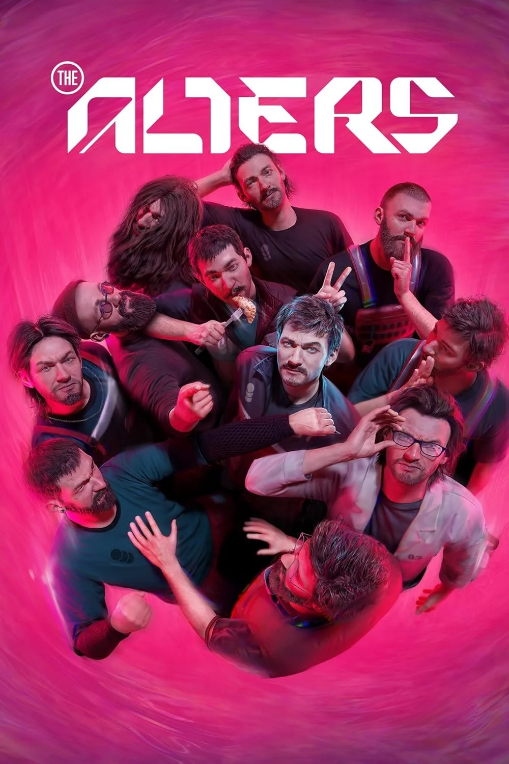 A group of people inside a pink vortex with the word 'The ALDERS' in stylized white font at the top.