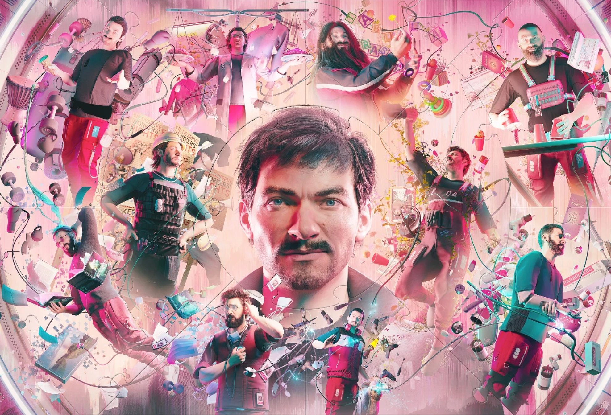 A collage of various doctors and healthcare professionals surrounded by medical equipment, pills, syringes, and healthcare-related items, with a prominent central figure of a man with dark hair and a mustache, set against a pink background, representing a medical or healthcare theme.