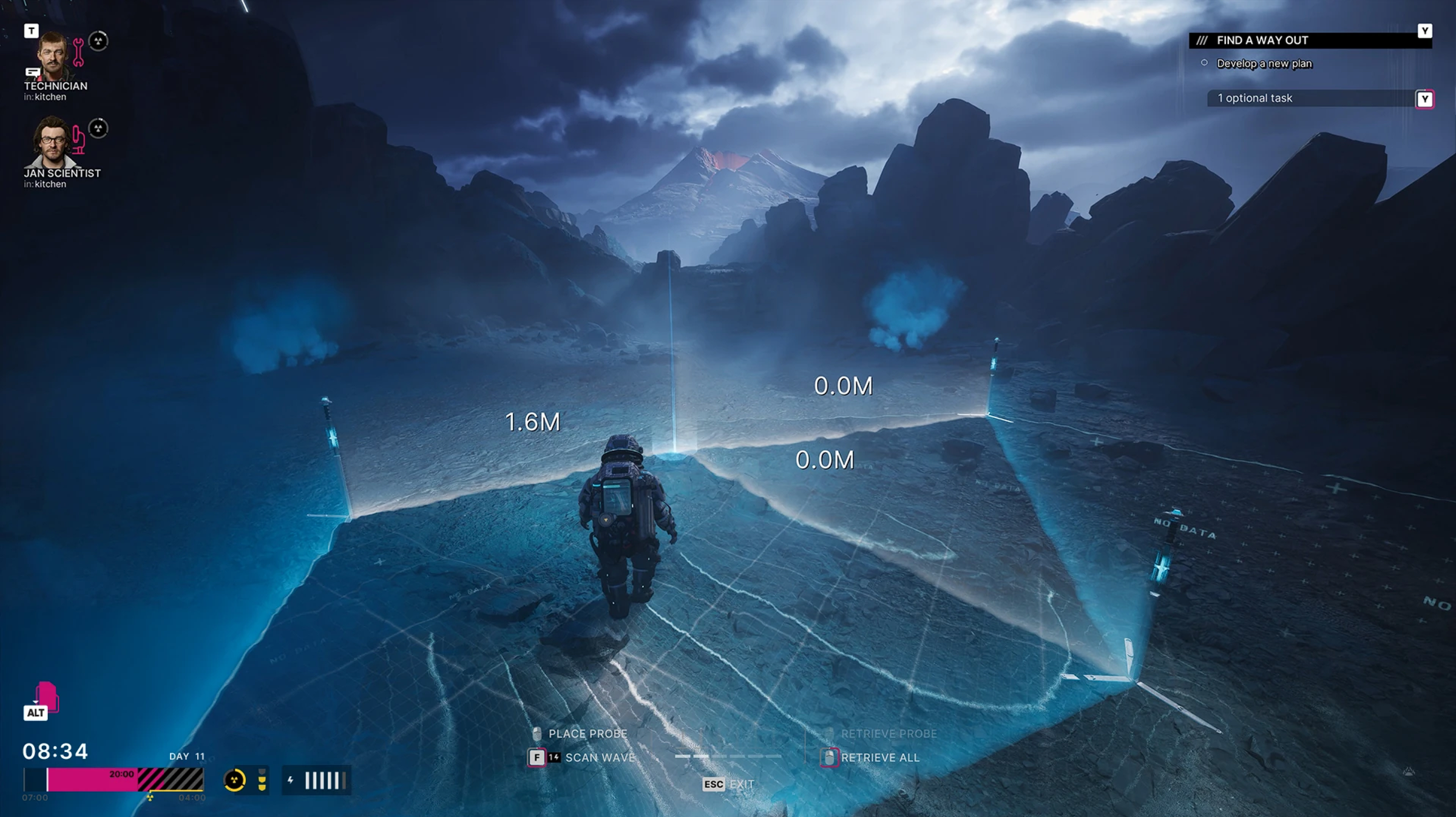 A person in a spacesuit walks on a digital map in a dark mountainous landscape with clouds and a volcano in the distance. On-screen text includes options for developing a new plan and optional tasks, with various data points and icons.