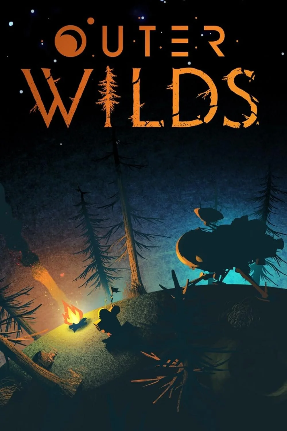 Silhouetted scout with a backpack and helmet crawling on forest ground at night, illuminated by a campfire, with pine trees and stars in the sky, and the title 'Outer Wilds' written in stylized orange text.