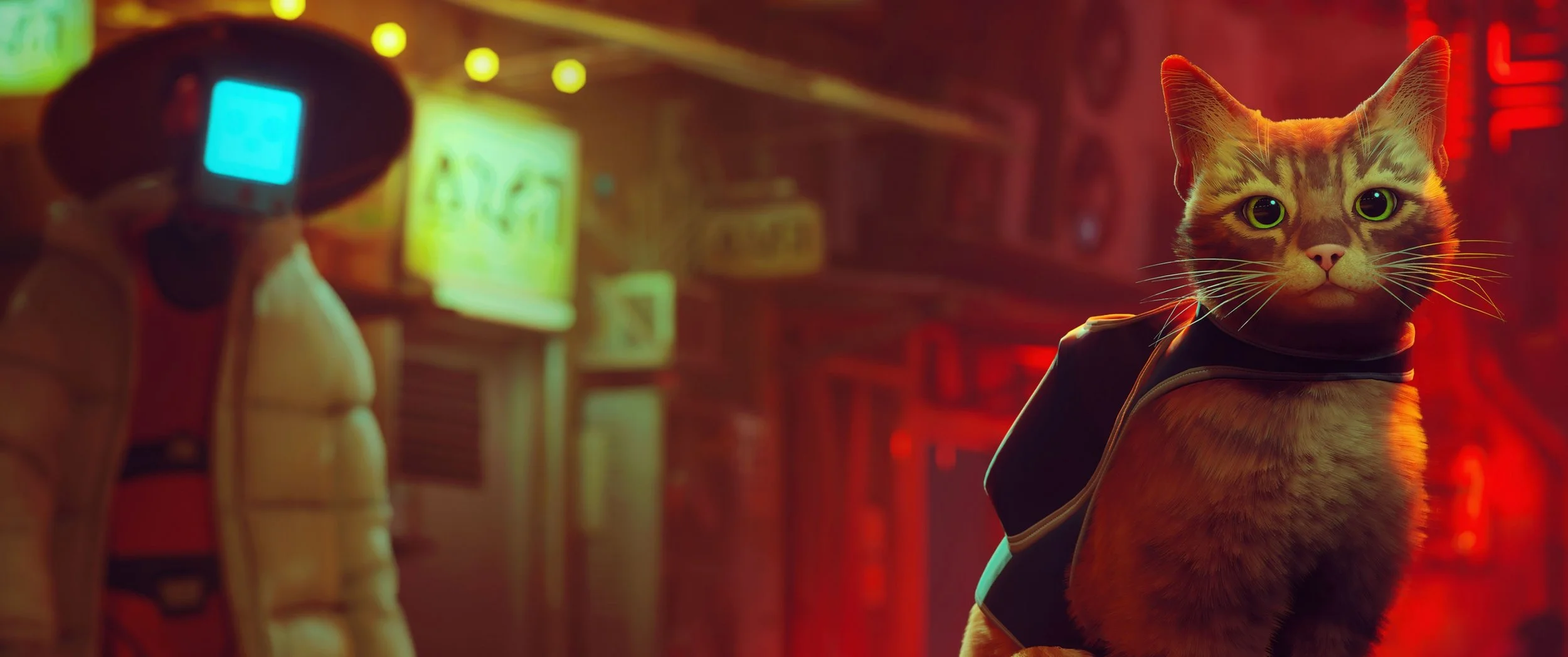 A cat with a backpack standing in a neon-lit urban alley at night.