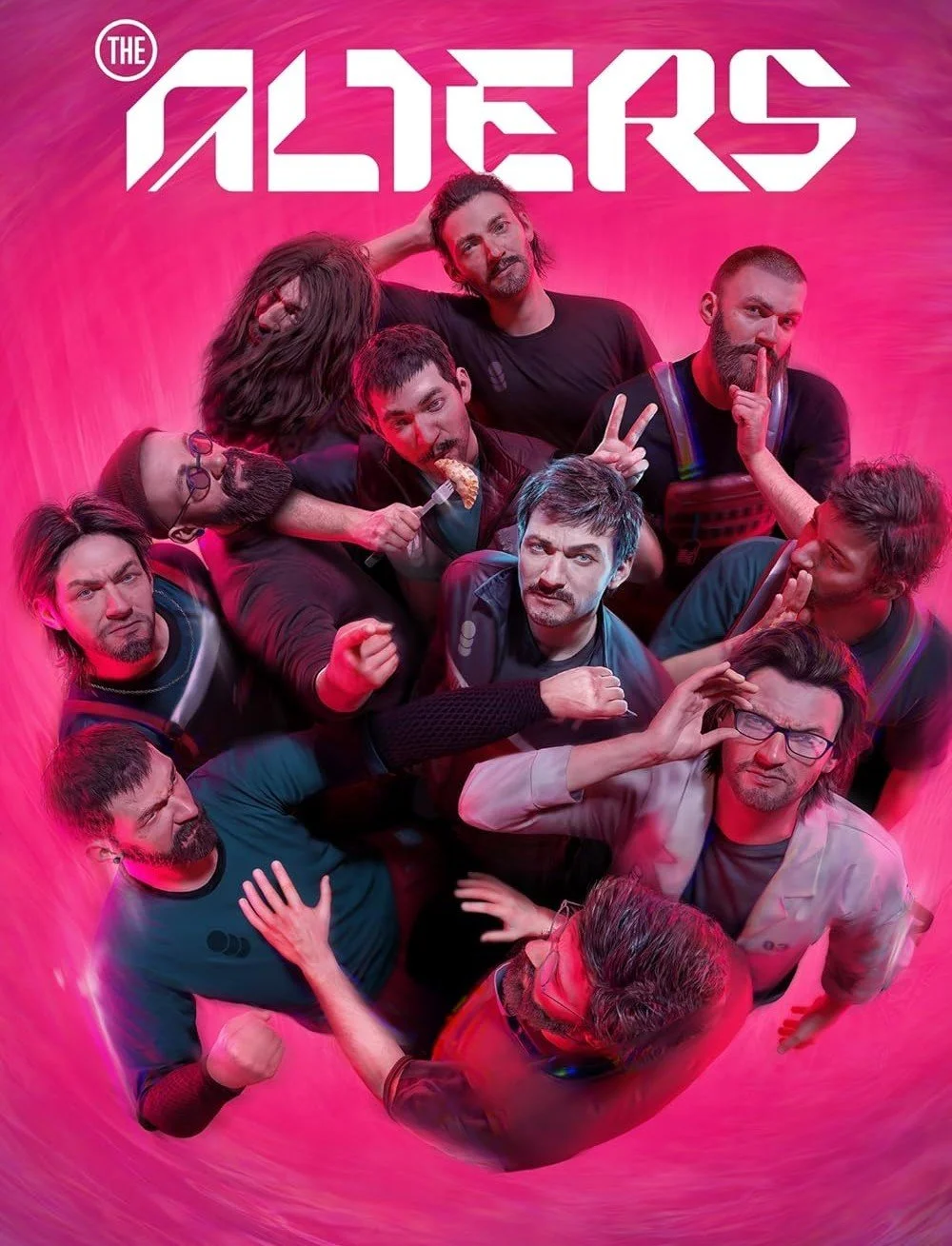 Poster of the band "The Alters" with nine members in various poses, some making peace signs, one eating a slice of pizza, set against a pink swirling background.
