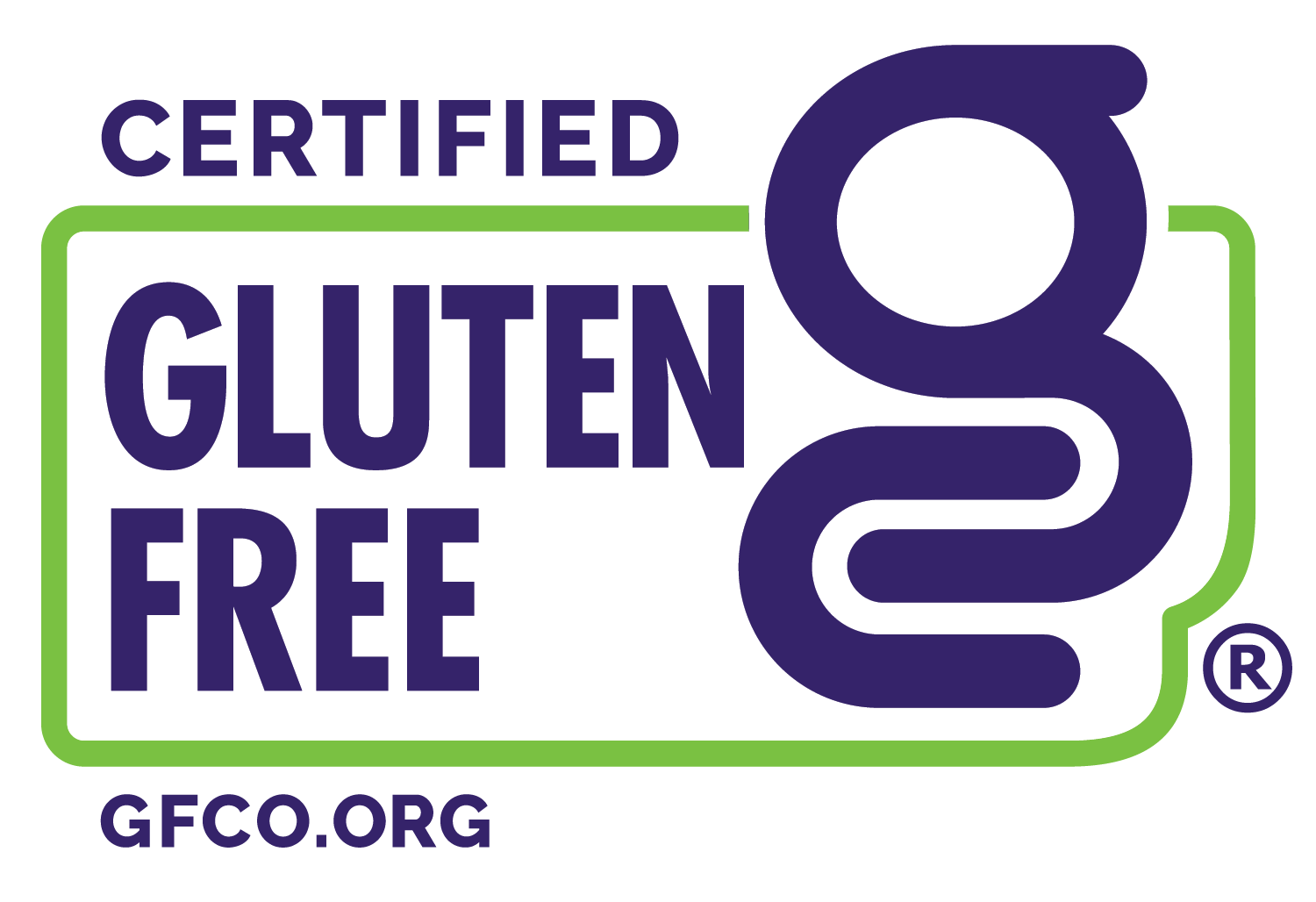 A gluten-free certification logo with a green border, blue text, and a stylized digestive system graphic, indicating the product is gluten free.