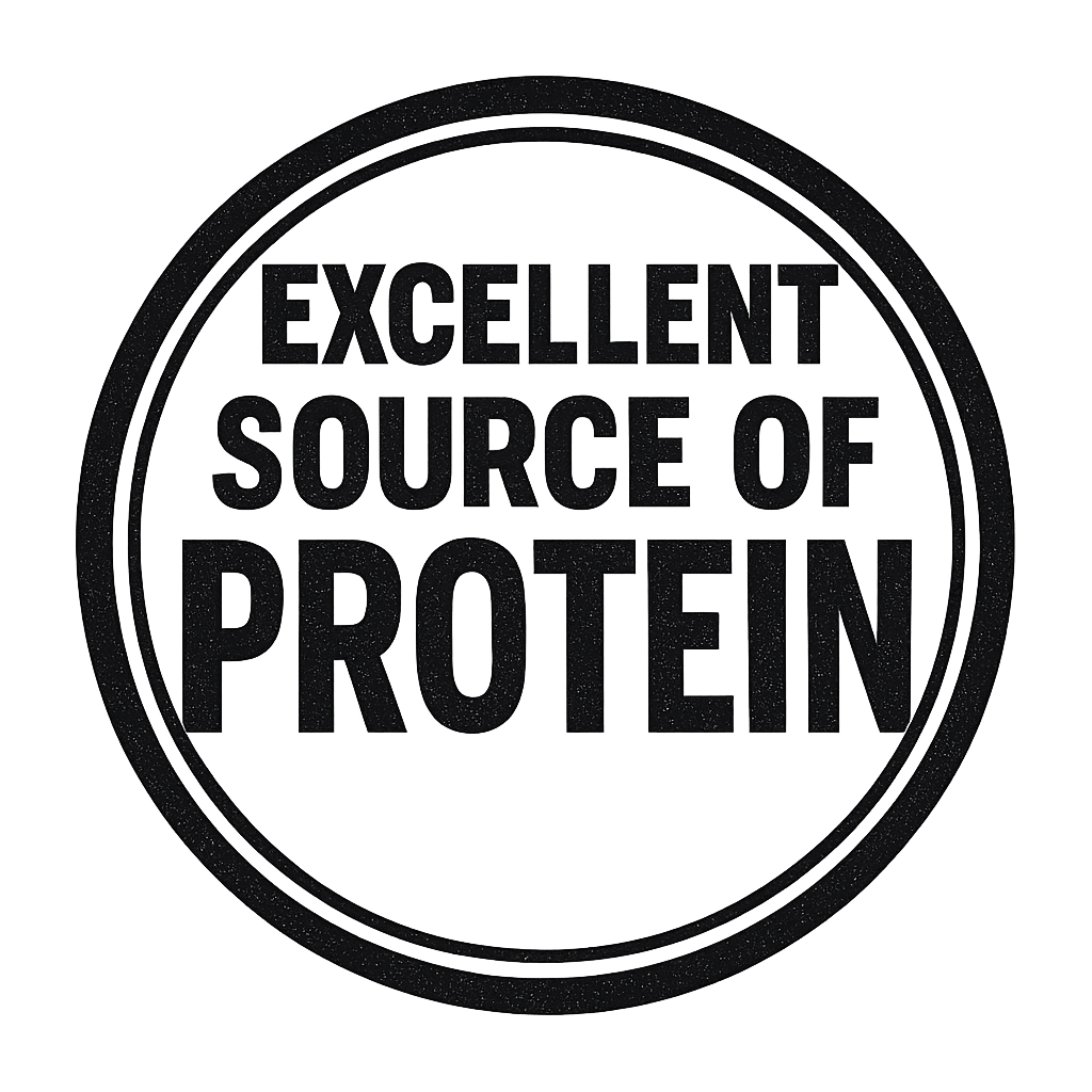 Black circular badge with text that reads "Excellent source of protein".