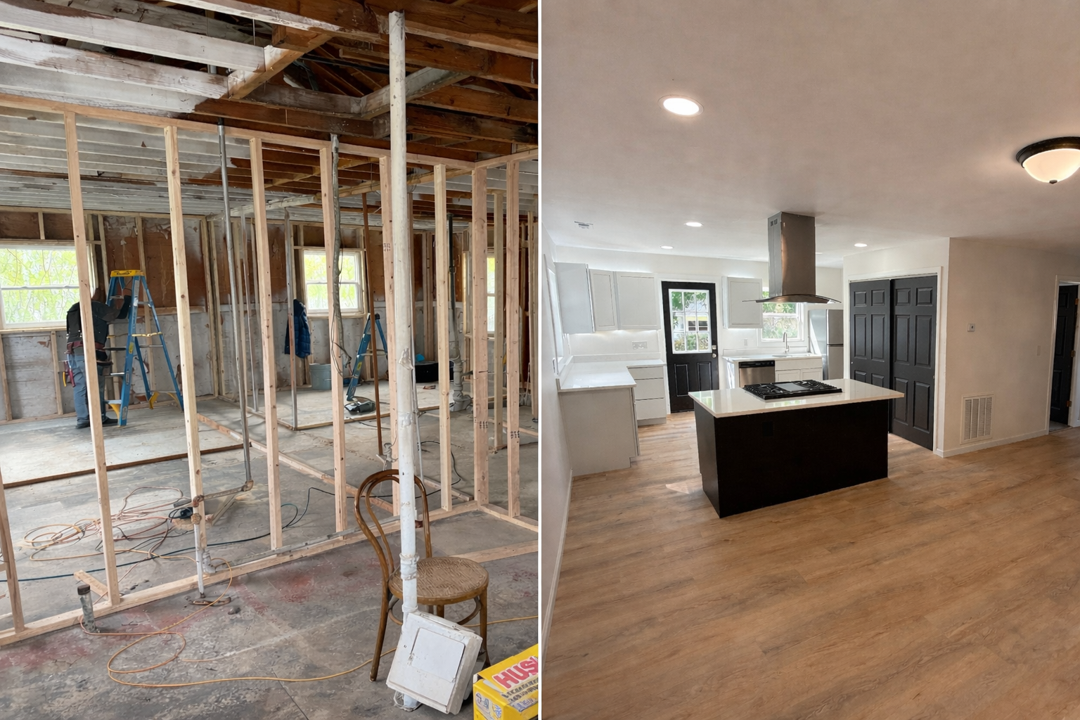 Before and after images of a kitchen renovation. The left side shows an unfinished space with exposed wood framing, construction tools, and debris. The right side shows a completed kitchen with white cabinetry, black accents, a black island, and wood