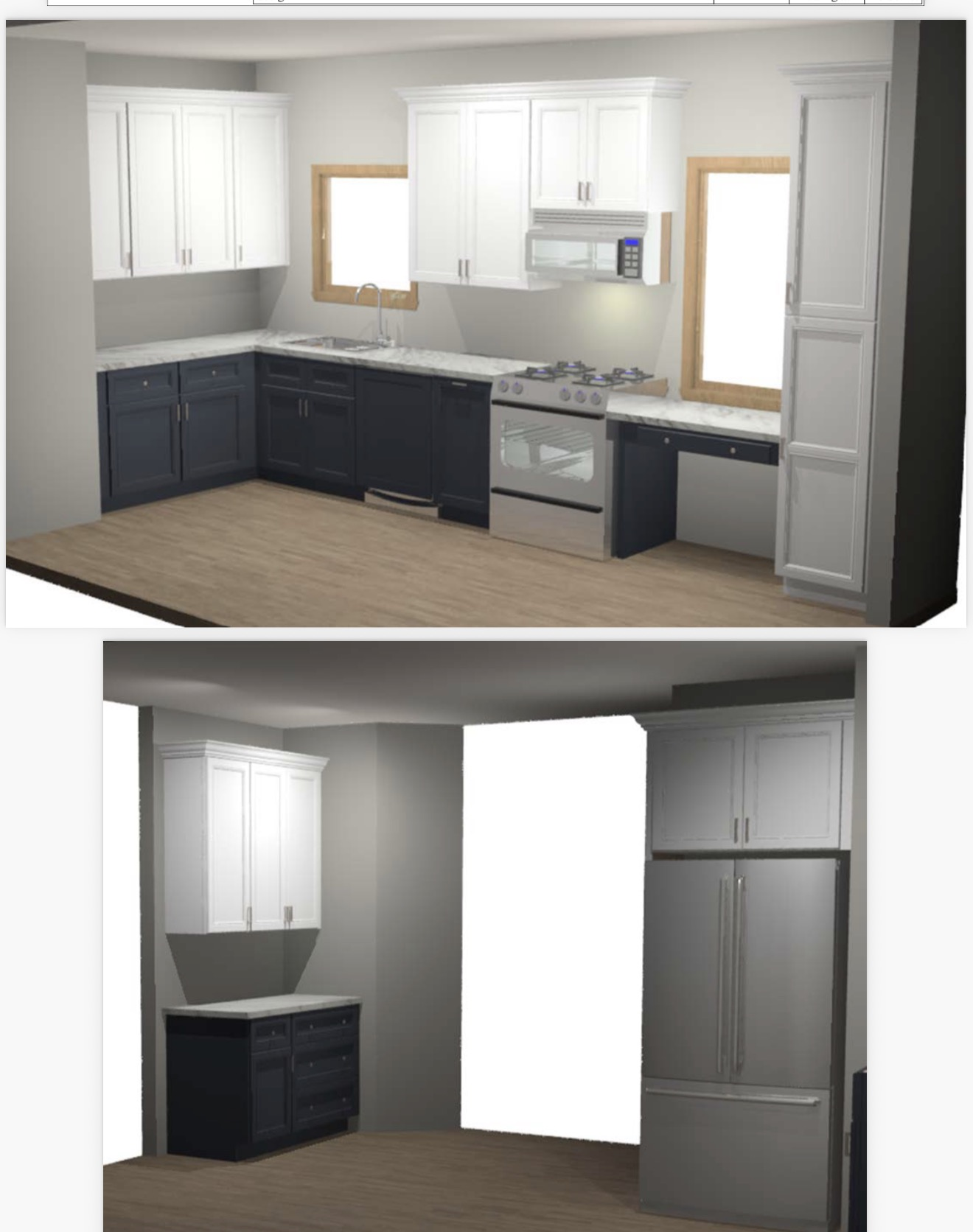Comparison of a kitchen before and after remodeling, with white upper cabinets, dark lower cabinets, a built-in microwave, a stove, and a refrigerator, shown in the renovated kitchen.