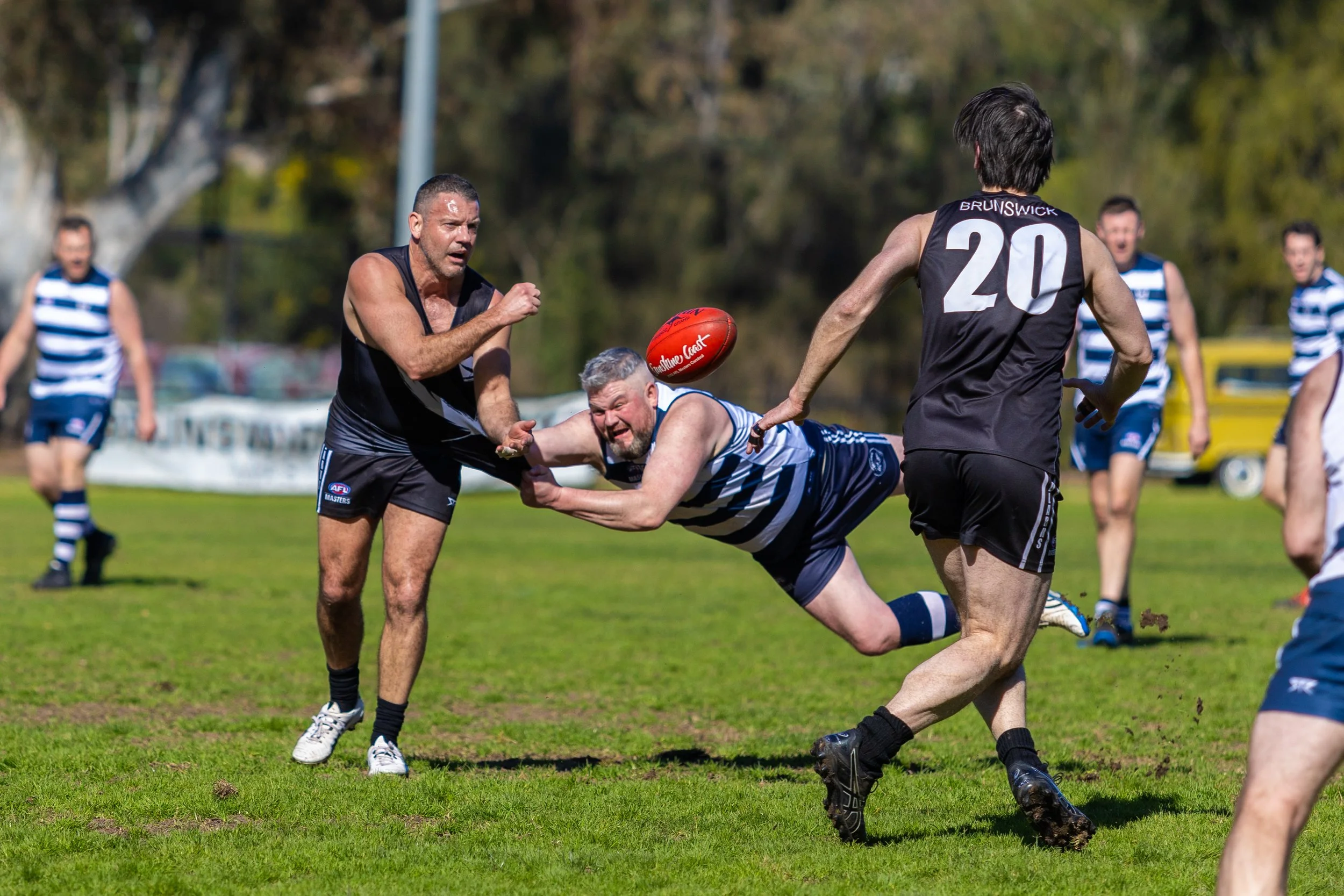 Australian rules football players in jerseys and shorts on a grassy field, with some diving for the ball and others watching, during a game.