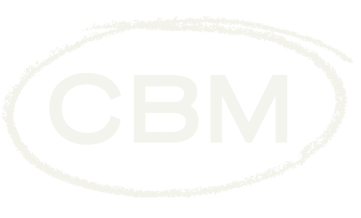 Black background with white text reading "CBM" inside an oval chalk-like outline.