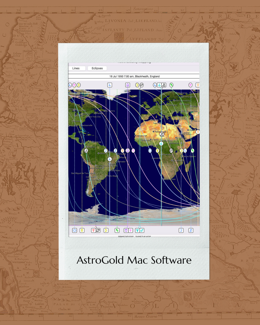 The image shows a cover for AstroGold Mac Software with an overlay of an astronomical software interface, displaying a world map with celestial trajectories and data from July 18, 1950, at 7:00 am in Blackheath, England.