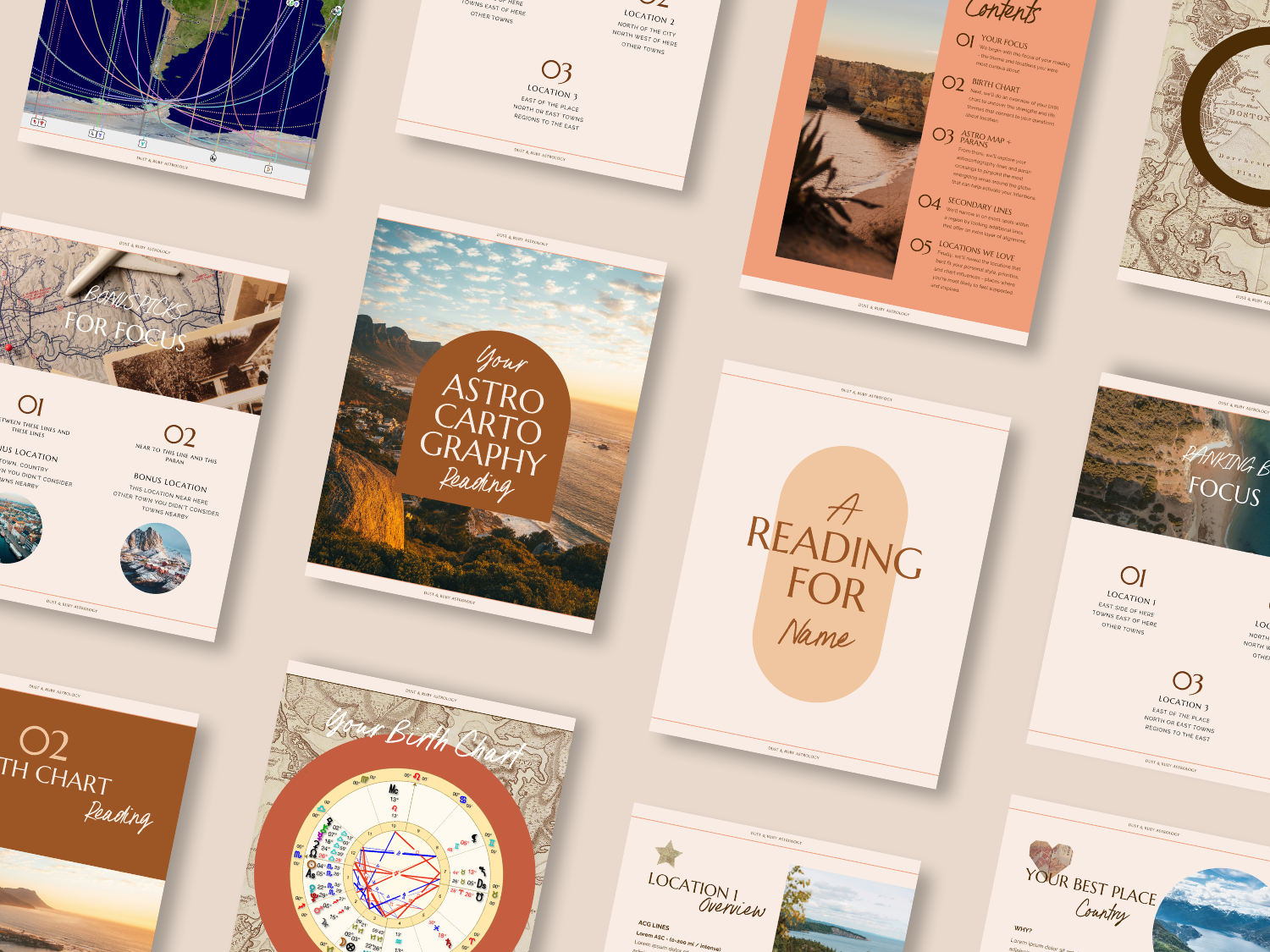 Collection of digital infographic and presentation slides related to astrology, astronomy, and travel, featuring maps, birth charts, astrology readings, and scenic landscape photos.