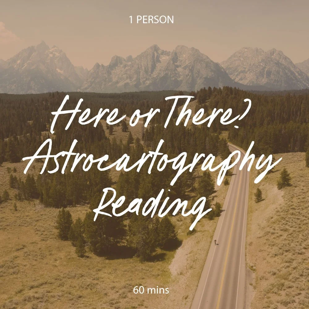 A scenic landscape with a mountain range in the background, a winding road through a forested area, and a text overlay asking 'Here or There? Astrocartography Reading' with a note '60 mins' at the bottom.